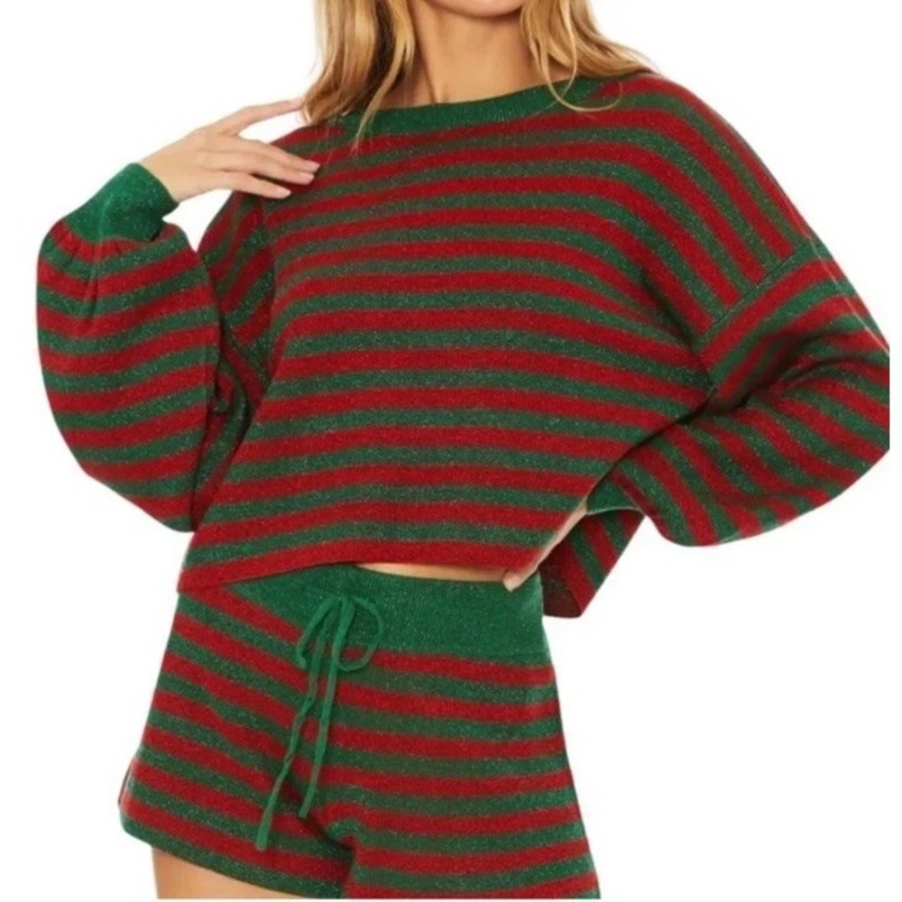 Beach Riot Large Ava Sweater Balboa Shorts Holiday Christmas Green Striped Set